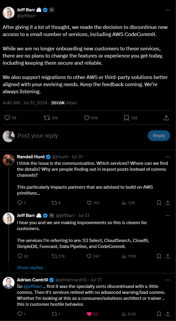 Jeff Bar Tweet about retiring AWS products